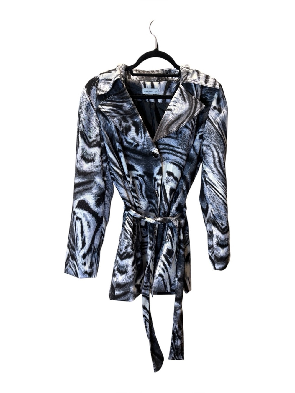 Susan Graver Black and White Abstract Belted Trench Coat